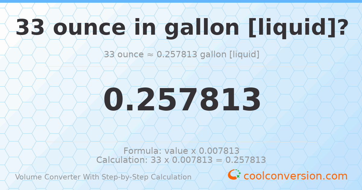 33 ounces = 0.257813 gallons [liquid]